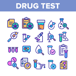 Drug Test Collection Elements Icons Set Vector Thin Line. Blood Drop From Hand Finger And Urine Laboratory Analysis Drug Test Concept Linear Pictograms. Color Contour Illustrations