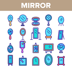 Mirror Different Form Collection Icons Set Vector Thin Line. Broken And New, Ancient And Modern, Hand And Wall Mirror Concept Linear Pictograms. Accessory Color Contour Illustrations