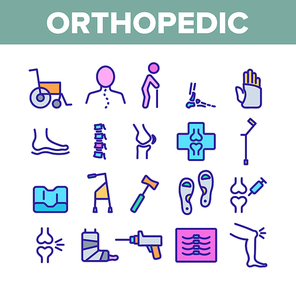 Orthopedic Collection Elements Vector Icons Set Thin Line. Orthopedic And Trauma Rehabilitation, Cervical Collar And Walkers Concept Linear Pictograms. Medical Rehab Color Contour Illustrations