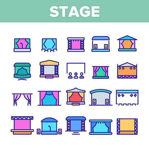 Stage Construction Collection Icons Set Vector Thin Line. Cinema Screen, Podium, Performance Theater Scene, Aluminium Truss Different Stage Concept Linear Pictograms. Color Contour Illustrations