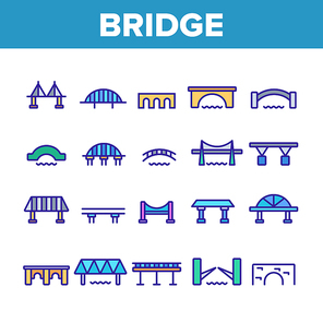Bridge Construction Collection Icons Set Vector Thin Line. Concrete And Metal, Suspended And Pedestrian Bridge Concept Linear Pictograms. Crossing River Way Monochrome Contour Illustrations
