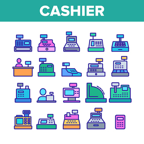 Cashier Equipment Collection Icons Set Vector Thin Line. Different Electronic Device Cashier Machine Register And Calculator Concept Linear Pictograms. Monochrome Contour Illustrations