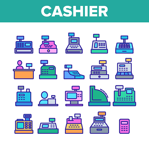 Cashier Equipment Collection Icons Set Vector Thin Line. Different Electronic Device Cashier Machine Register And Calculator Concept Linear Pictograms. Monochrome Contour Illustrations