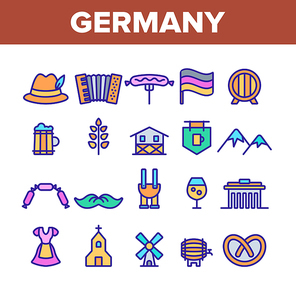 Germany Country Culture Elements Icons Set Vector Thin Line. Germany Flag And Mountain, National Hat And Suit, Food And Beer Concept Linear Pictograms. Monochrome Contour Illustrations