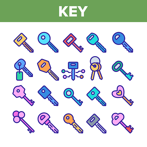 Key Collection Different Elements Icons Set Vector Thin Line. Key In Heart Form, Ancient And Modern, Electronic And Classical Concept Linear Pictograms. Monochrome Contour Illustrations