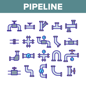 Pipeline Collection Elements Icons Set Vector Thin Line. Steel Pipeline Steel Pipe Connector And Valve For Plumbing Work Concept Linear Pictograms. Monochrome Contour Illustrations