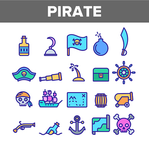 Pirate Things Collection Elements Icons Set Vector Thin Line. Pirate Triangle Hat And Sabre, Skull With Bandanna And Bones Concept Linear Pictograms. Monochrome Contour Illustrations