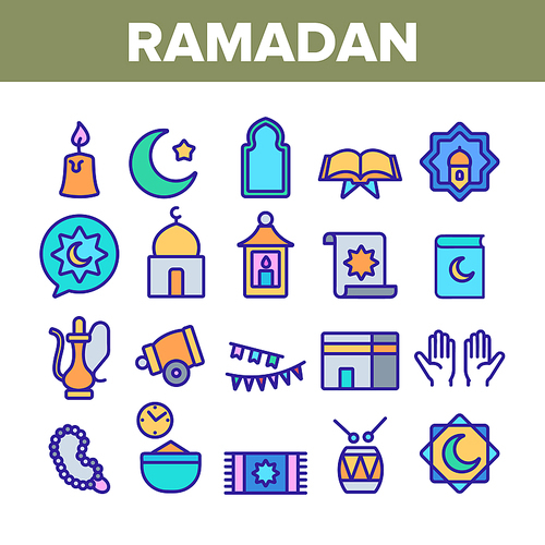 Ramadan Islam Collection Elements Icons Set Vector Thin Line. Koran And Crescent, Hands And Candle, Carpet And Drum Mubarak Ramadan Holiday Concept Linear Pictograms. Monochrome Contour Illustrations