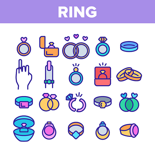 Ring Jewelry Collection Elements Icons Set Vector Thin Line. Wedding Ring On Hand Finger And In Box Container, With Diamond And Broken Concept Linear Pictograms. Monochrome Contour Illustrations