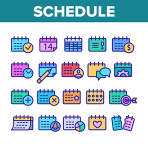 Schedule Collection Elements Icons Set Vector Thin Line. Calendar With Clock And Human, Heart And Bell, Dollar And Gear Mark Schedule Concept Linear Pictograms. Monochrome Contour Illustrations