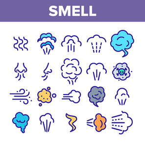Smell Cloud Collection Elements Icons Set Vector Thin Line. Smell Of Cooking Food Vapour Smoke, Gas Steam And Human Smelling Concept Linear Pictograms. Monochrome Contour Illustrations