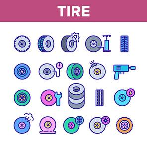 Tire Wheel Collection Elements Icons Set Vector Thin Line. Low Pressure, Equipment For Repair Tire And Break Concept Linear Pictograms. Car Service And Store Monochrome Contour Illustrations