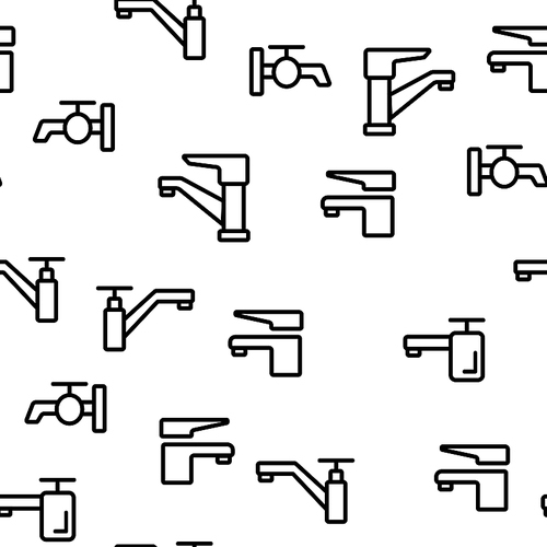 Different Faucet Seamless Pattern Vector. Contour Illustration