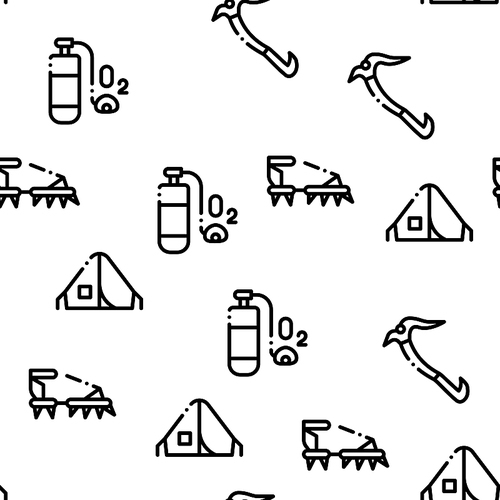 Alpinism Seamless Pattern Vector Linear Pictograms. Black Contour Illustrations