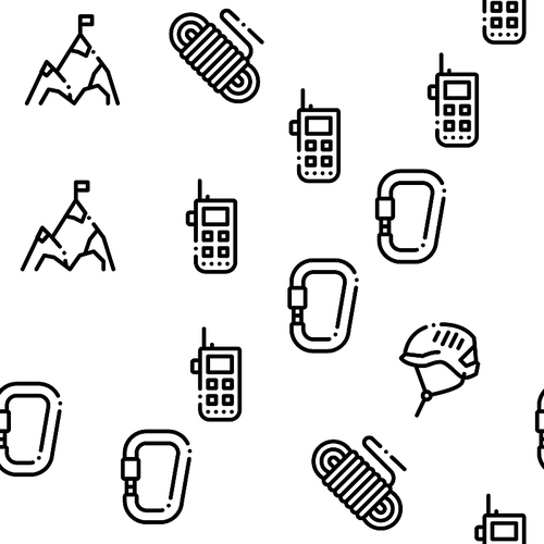 Alpinism Seamless Pattern Vector Linear Pictograms. Black Contour Illustrations