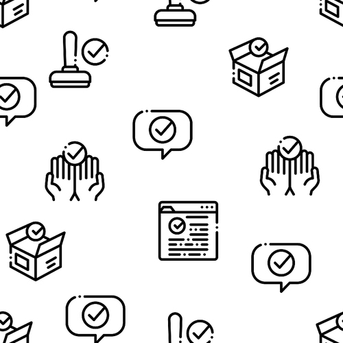 Approved symbols Seamless Pattern Vector Linear Pictograms. Black Contour Illustrations