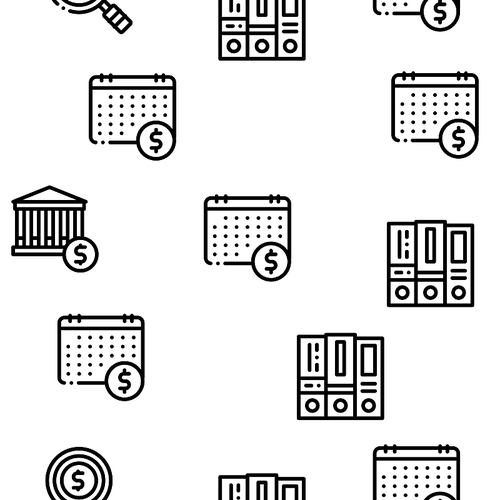 Financial Accounting Seamless Pattern Vector Linear Pictograms. Black Contour Illustrations