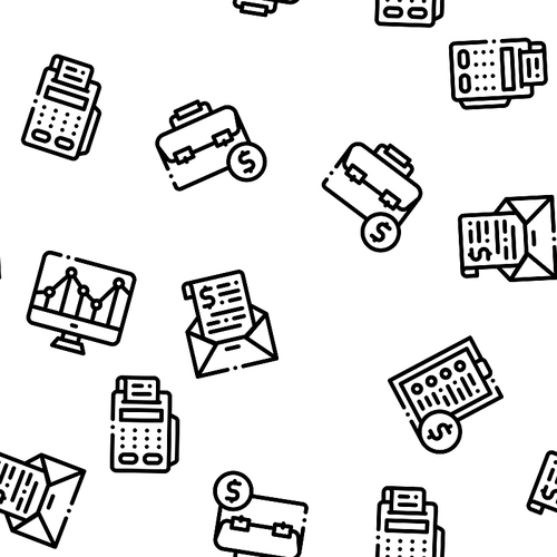 Financial Accounting Seamless Pattern Vector Linear Pictograms. Black Contour Illustrations