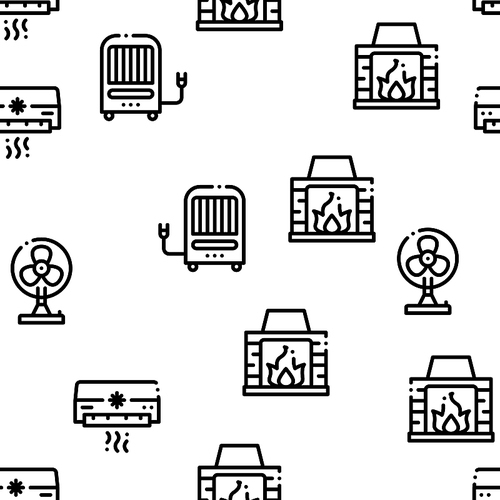 Heating And Cooling Seamless Pattern Vector Linear Pictograms. Black Contour Illustrations