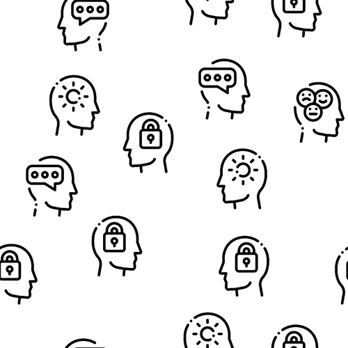 Mind Seamless Pattern Vector Linear Pictograms. Black Contour Illustrations