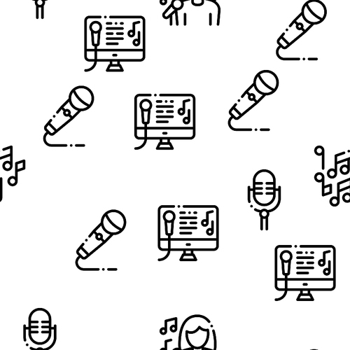 Singing Song Seamless Pattern Vector Linear Pictograms. Black Contour Illustrations