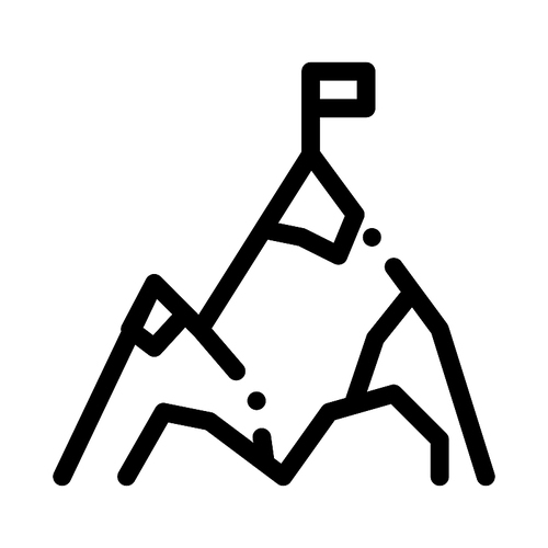 Mountain With Flag On Peak Alpinism Vector Icon Thin Line. Compass, Mountain Direction And Burner Mountaineering Alpinism Equipment Concept Linear Pictogram. Contour Outline Illustration