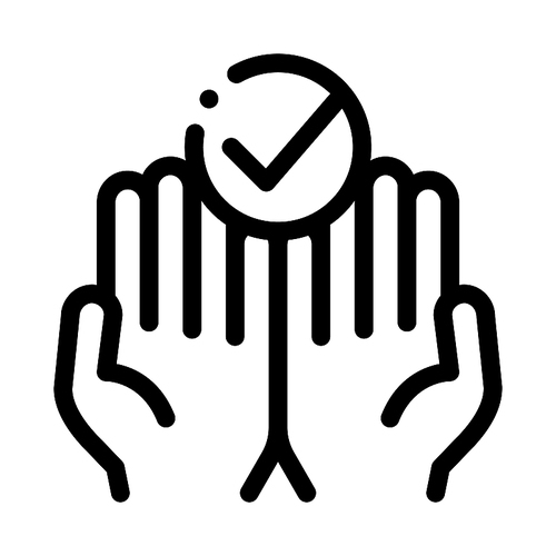 Hands Fingers Palms Up Approved Mark Vector Icon Thin Line. Approved Sign On Document File, Protection Shield And Opened Carton Box Concept Linear Pictogram. Monochrome Contour Illustration