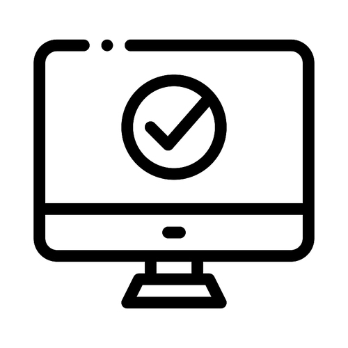 Computer Monitor And Approved Mark Vector Icon Thin Line. Approved Sign On Document File, Protection Shield And Smartphone Display Concept Linear Pictogram. Monochrome Contour Illustration