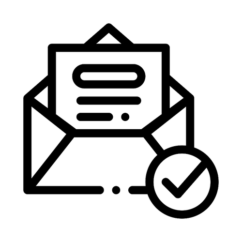 Envelope Message List And Approved Mark Vector Icon Thin Line. Approved Sign On Document File, Computer Monitor And Smartphone Display Concept Linear Pictogram. Monochrome Contour Illustration