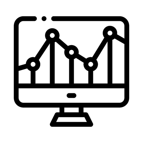 Graph On Computer Monitor Financial Vector Icon Thin Line. Money Dollar Sign On Smartphone Display And Magnifier, Web Site Financial Concept Linear Pictogram. Monochrome Contour Illustration