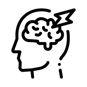 Brain Lightning Volt Silhouette Headache Vector Icon Thin Line. Tension And Cluster Headache, Migraine And Stress Symptom Concept Linear Pictogram. Healthcare Monochrome Contour Illustration