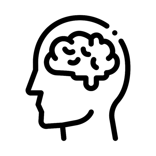 Human Brain In Man Silhouette Mind Vector Icon Thin Line. Gear And Brain, Heart And Shield, Padlock And Coin Mark Concept Linear Pictogram. Black And White Template Contour Illustration