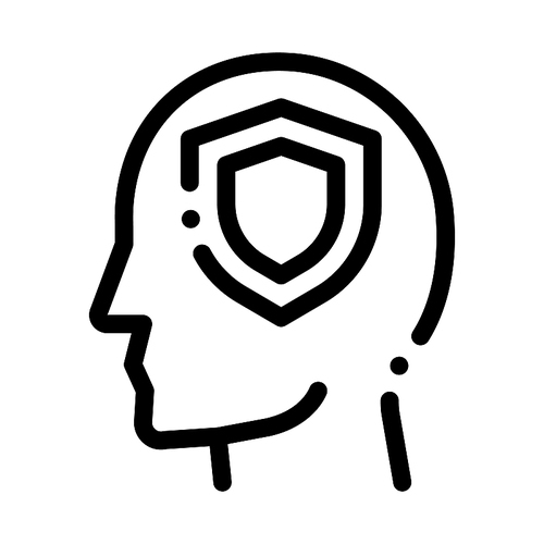 Protection Shield In Man Silhouette Mind Vector Icon Thin Line. Gear And Brain, Heart And Money, Padlock And Magnifier Concept Linear Pictogram. Black And White Template Contour Illustration