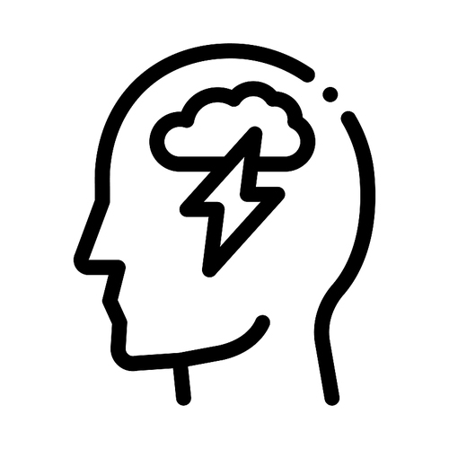 Raining Lightning Cloud In Silhouette Mind Vector Icon Thin Line. Gear And Brain, Heart And Shield, Padlock And Magnifier Concept Linear Pictogram. Black And White Template Contour Illustration