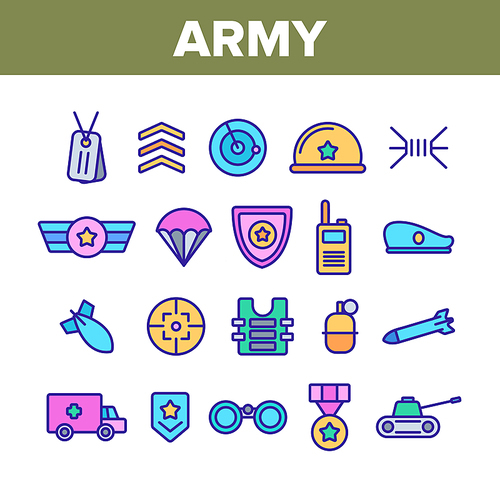 Army Military Collection Elements Icons Set Vector Thin Line. Medal And Shield, Truck And Tank, Target And Bomb, Radar And Parachute Army Concept Linear Pictograms. Color Contour Illustrations