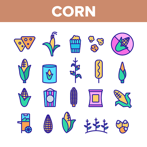 Corn Food Collection Elements Icons Set Vector Thin Line. Pop Corn And Corncob, Maize Grain And Package, Cart And Nutrition Field Concept Linear Pictograms. Color Contour Illustrations