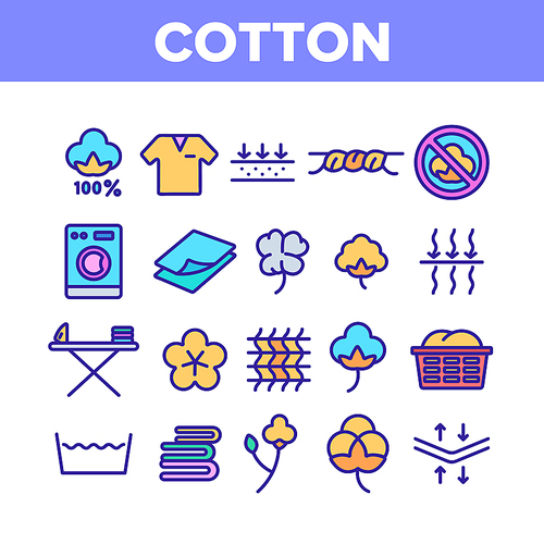 Cotton Fabric Collection Elements Icons Set Vector Thin Line. Textile Cotton Material Clothes, Washing Machine And Ironing Board Concept Linear Pictograms. Color Contour Illustrations