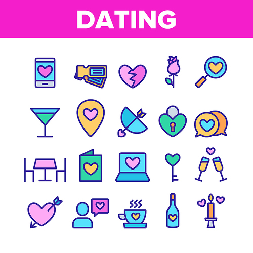 Dating Love Collection Elements Icons Set Vector Thin Line. Heart On Laptop Monitor And Gps Mark, On Postcard And Magnifier Dating Concept Linear Pictograms. Color Contour Illustrations