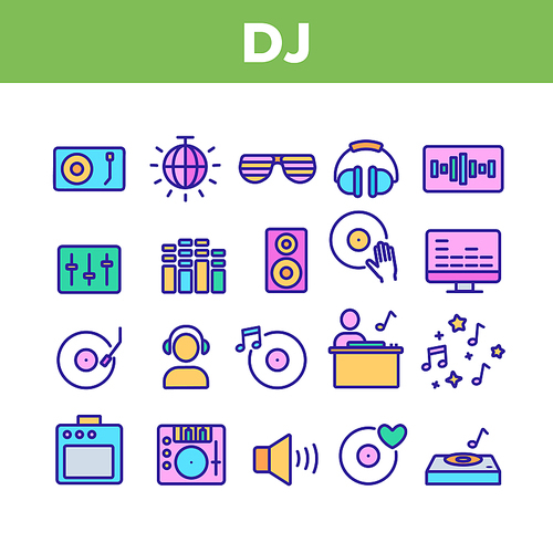 Dj Device Collection Elements Icons Set Vector Thin Line. Dj Equipment And Dynamic, Monitor And Vinyl Record Retro Sound Carrier Plate Concept Linear Pictograms. Color Contour Illustrations