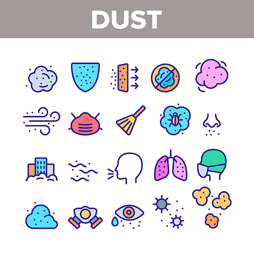 Dust And Polluted Air Collection Icons Set Vector Thin Line. Mask And Respirator, Lungs And Nose, Environment Pollution And Dust Concept Linear Pictograms. Color Contour Illustrations