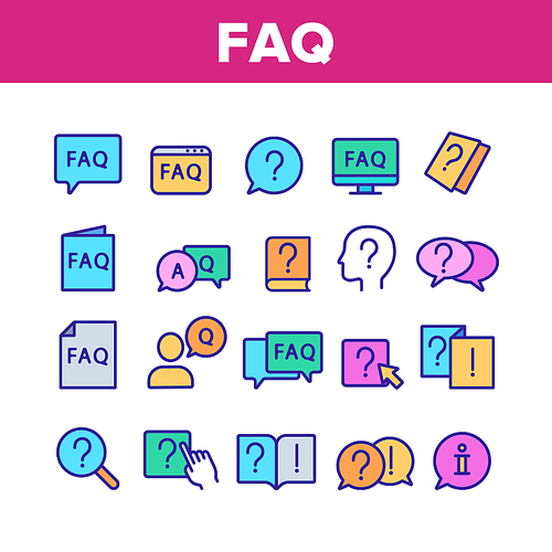 Faq Frequently Asked Questions Icons Set Vector Thin Line. Website And Word Faq In Quote Frame, Exclamation And Information Mark Concept Linear Pictograms. Color Contour Illustrations