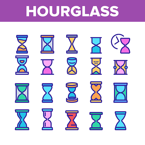 Hourglass Collection Elements Icons Set Vector Thin Line. Countdown Hourglass And Sandglass, Sand Clock Timer Or Watch Time Concept Linear Pictograms. Color Contour Illustrations