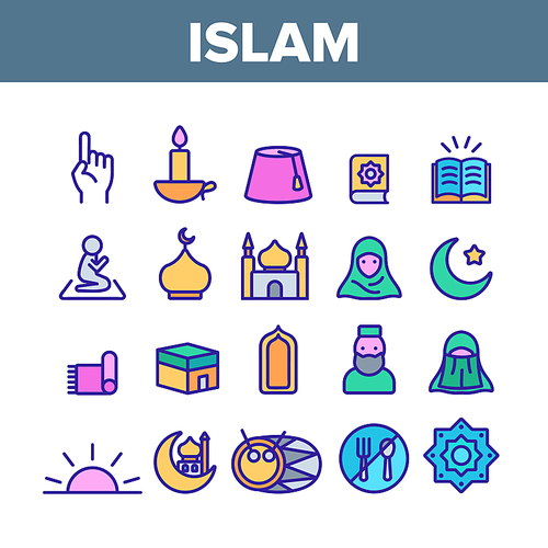 Islam Religion Arab Collection Icons Set Vector Thin Line. Moon With Star And Carpet, Koran And Mosque, Woman Silhouette And Prayer Islam Concept Linear Pictograms. Color Contour Illustrations