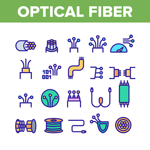 Optical Fiber Collection Elements Icons Set Vector Thin Line. Network Connection, Computer Wire, Cable Bobbin Fiber And Data Transfer Concept Linear Pictograms. Color Contour Illustrations