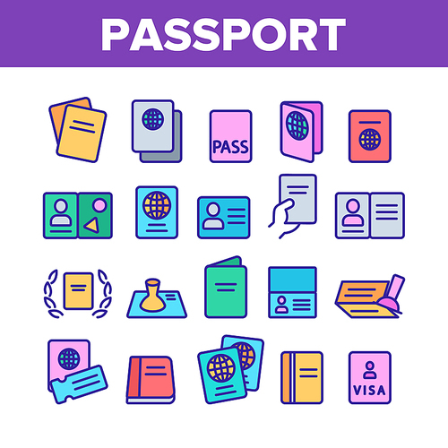 Passport Collection Elements Icons Set Vector Thin Line. Legal Document With Stamp, Certificate, Official License And Passport Concept Linear Pictograms. Color Contour Illustrations
