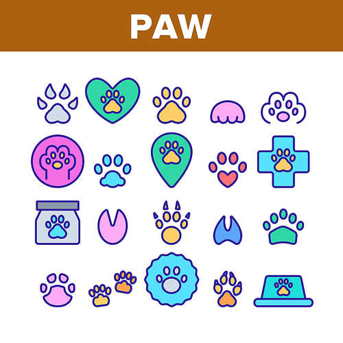 Paw Animal Collection Elements Icons Set Vector Thin Line. Cat And Dog, Horse And Pig, Elephant And Bear Paw In Heart Form And Laptop Screen Concept Linear Pictograms. Color Contour Illustrations