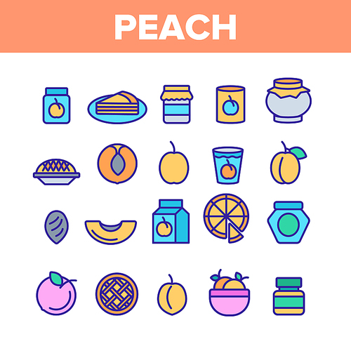 Peach Fruit Collection Elements Icons Set Vector Thin Line. Jam Bottle And Pie, Juice And Piece Of Peach, Nectarine Pin And Dessert Concept Linear Pictograms. Color Contour Illustrations