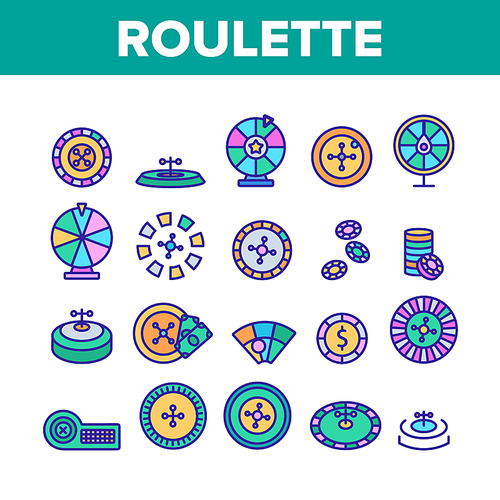 Roulette Collection Elements Icons Set Vector Thin Line. Casino Roulette, Fortune Wheel Gamble Game Gambling Chips And Dollar Mark Concept Linear Pictograms. Color Contour Illustrations