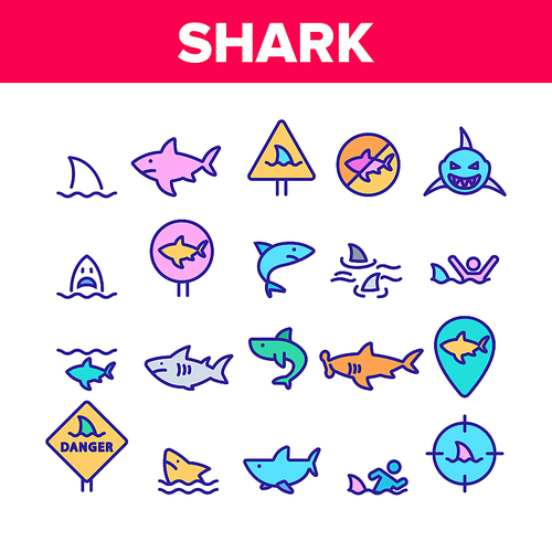 Shark Fish Collection Elements Icons Set Vector Thin Line. Dangerous Shark In Target And On Gps Mark, Human Silhouette In Water And Sharkfin Concept Linear Pictograms. Color Contour Illustrations