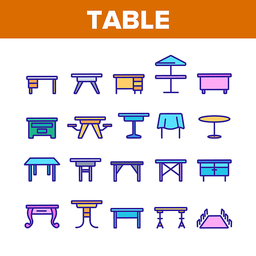 Table Desk Collection Elements Icons Set Vector Thin Line. Antique And Modern, Kitchen And Office, Round And With Umbrella Table Concept Linear Pictograms. Color Contour Illustrations